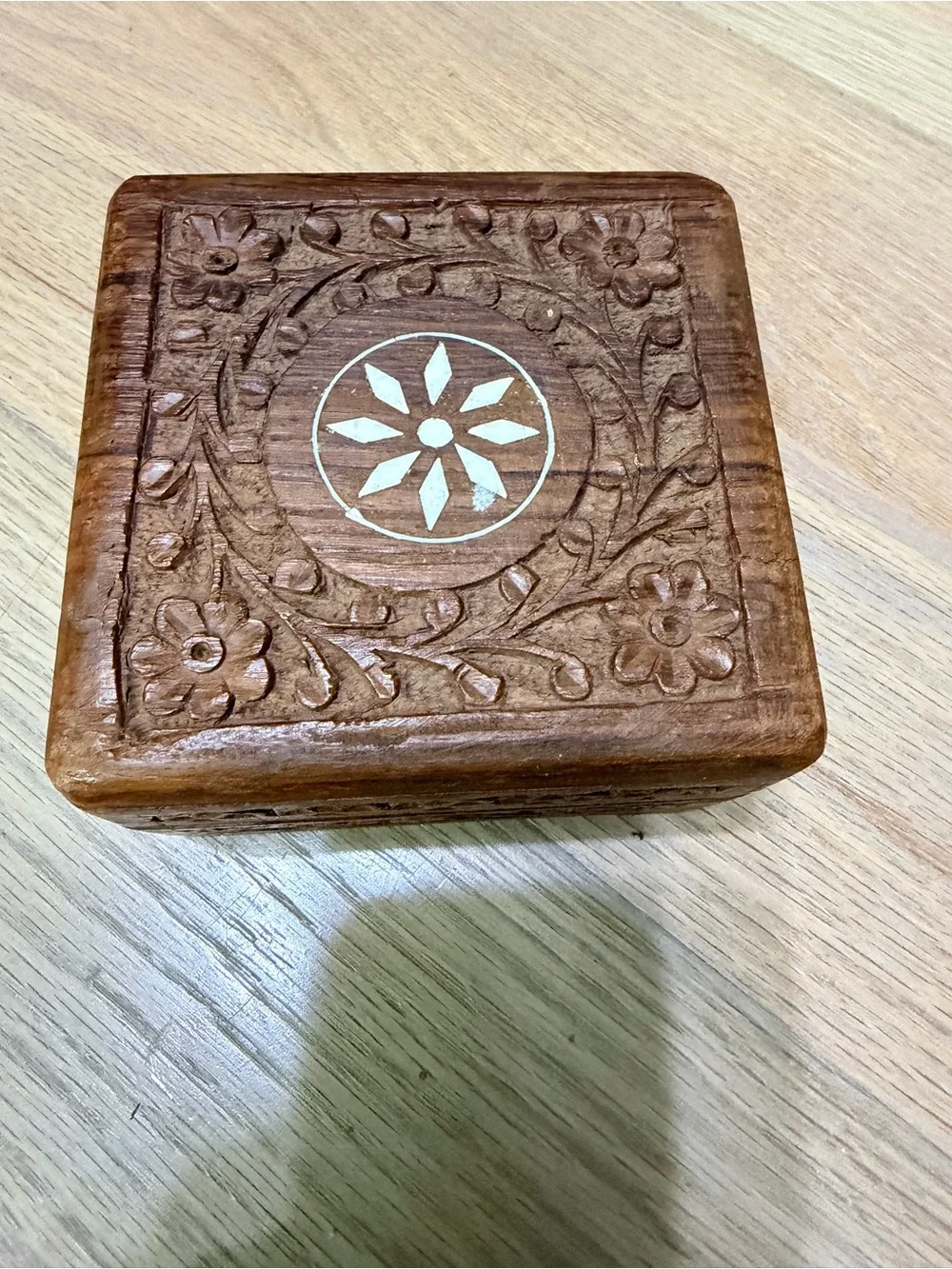 Vintage Carved Wooden Trinket Box with White Inlay